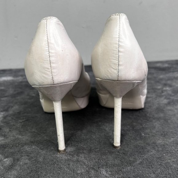 YSL Yves Saint Laurent Peep Toe Pump Light Gray Putty Leather Stiletto 38 US 8 - Picture 4 of 10